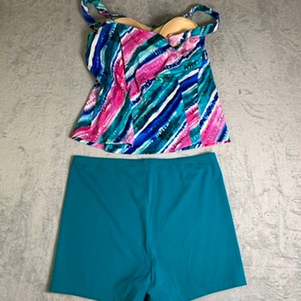 NWT Kim Gravel Tankini Womens 16 Teal Pink Swim Suit Tropical Coastal Island - Picture 7 of 8